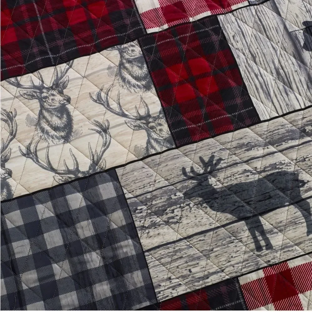 Country Black Bear Printed King Quilt Set Reversible Rustic Cabin Theme